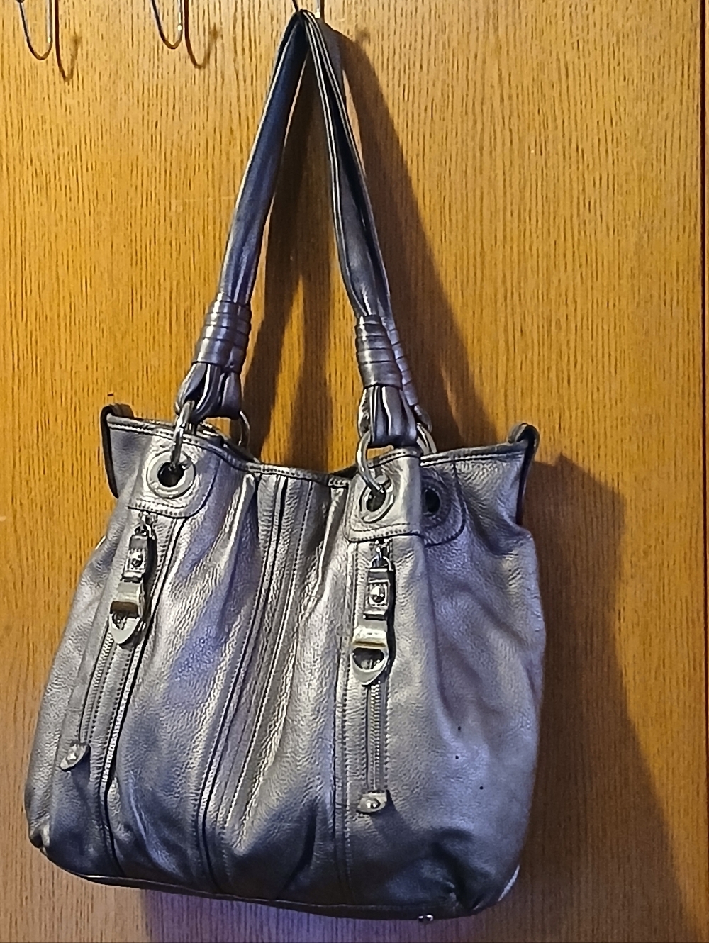 B. Makowsky Metallic Pewter Leather Shoulder Bag Hobo with Leopard Print Lining